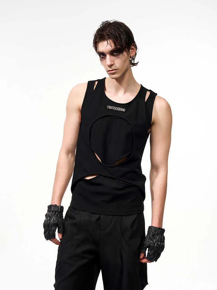 Men's black sleeveless waistcoat vest with hollow knit design and round neck collar