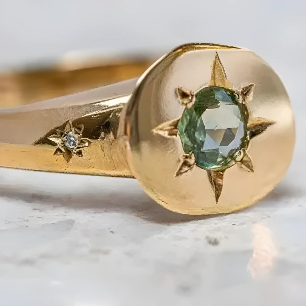 Gold oval asterism zircon ring with adjustable opening and star-shaped micro inlay design