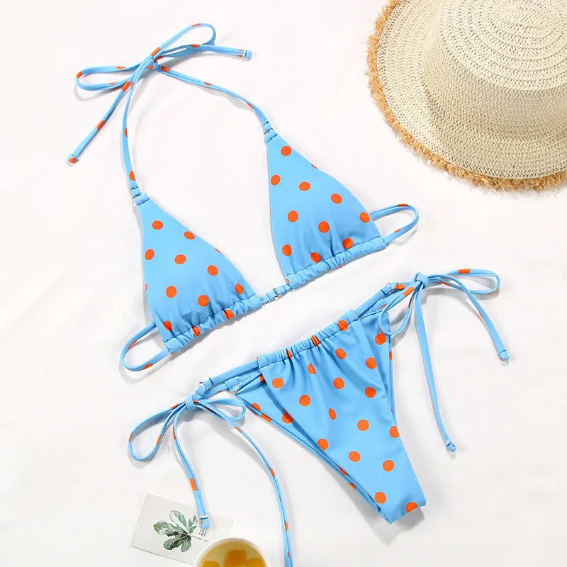 Women's polka dot print split swimsuit bikini in brown dot pattern with matching bra and panties