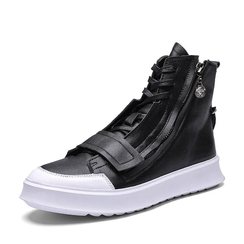 Black and white PU leather men's winter ankle boots with high-top sneakers style