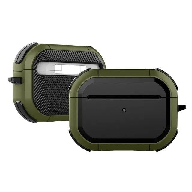 Black TPU and PC protective shell case for Apple AirPods 1, 2, and Pro charging case.