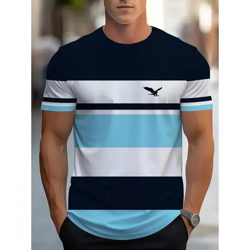 Men's loose fit short-sleeved T-shirt with digital 3D printed stripes pattern, available in multiple colours and sizes up to 5XL.