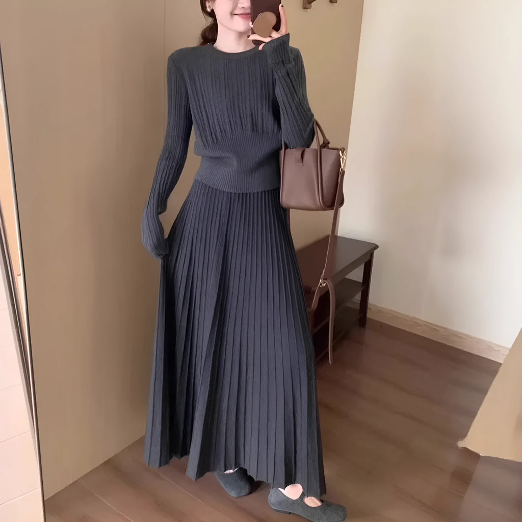 Women's dark grey knitted long dress suit two-piece set with ethnic style 3D pattern