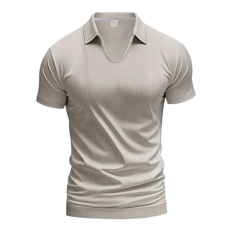 Men's loose fit V-neck short sleeve T-shirt in a light blue cotton blend fabric