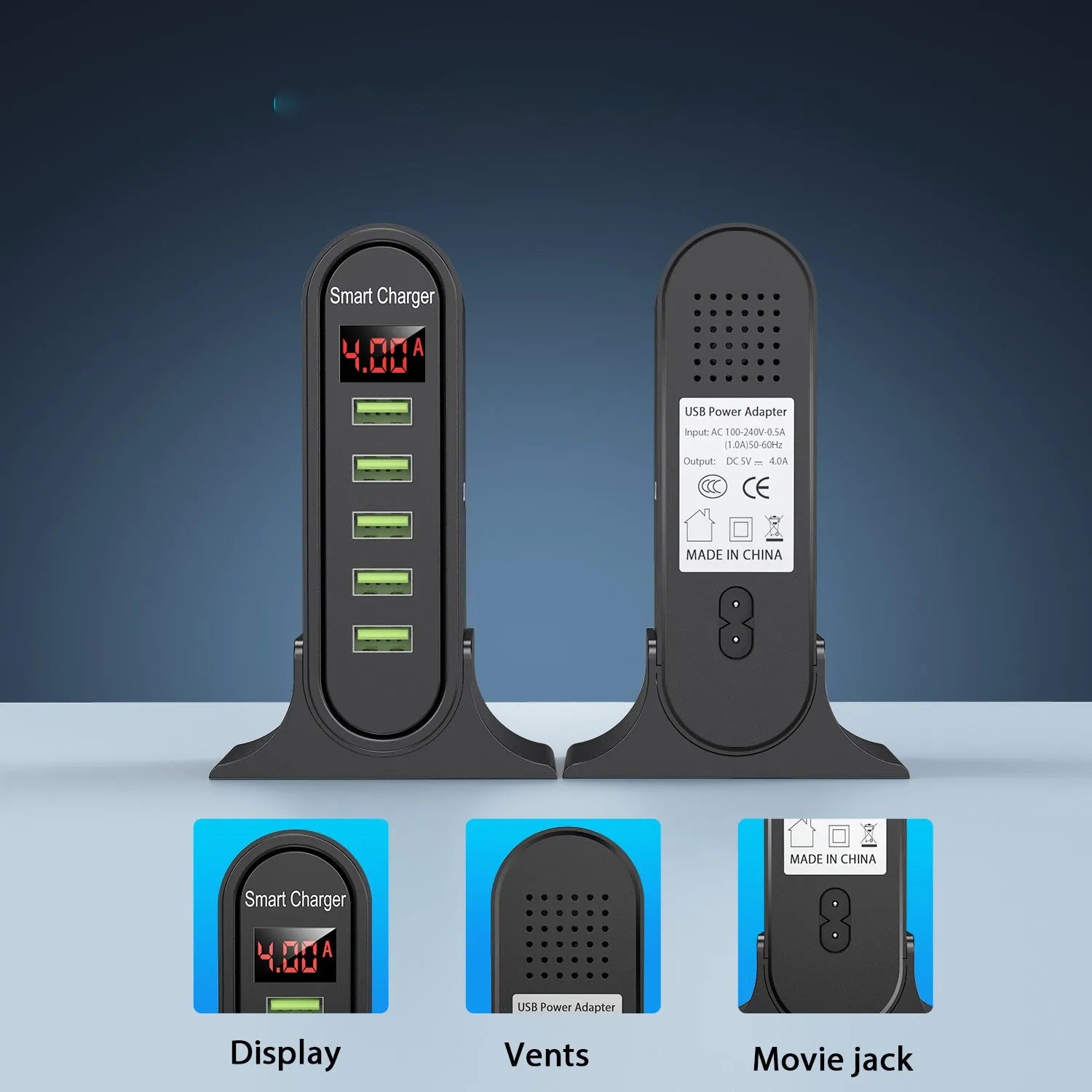 Black digital display USB wall charger showing 240V input and 5V output on its LED screen.