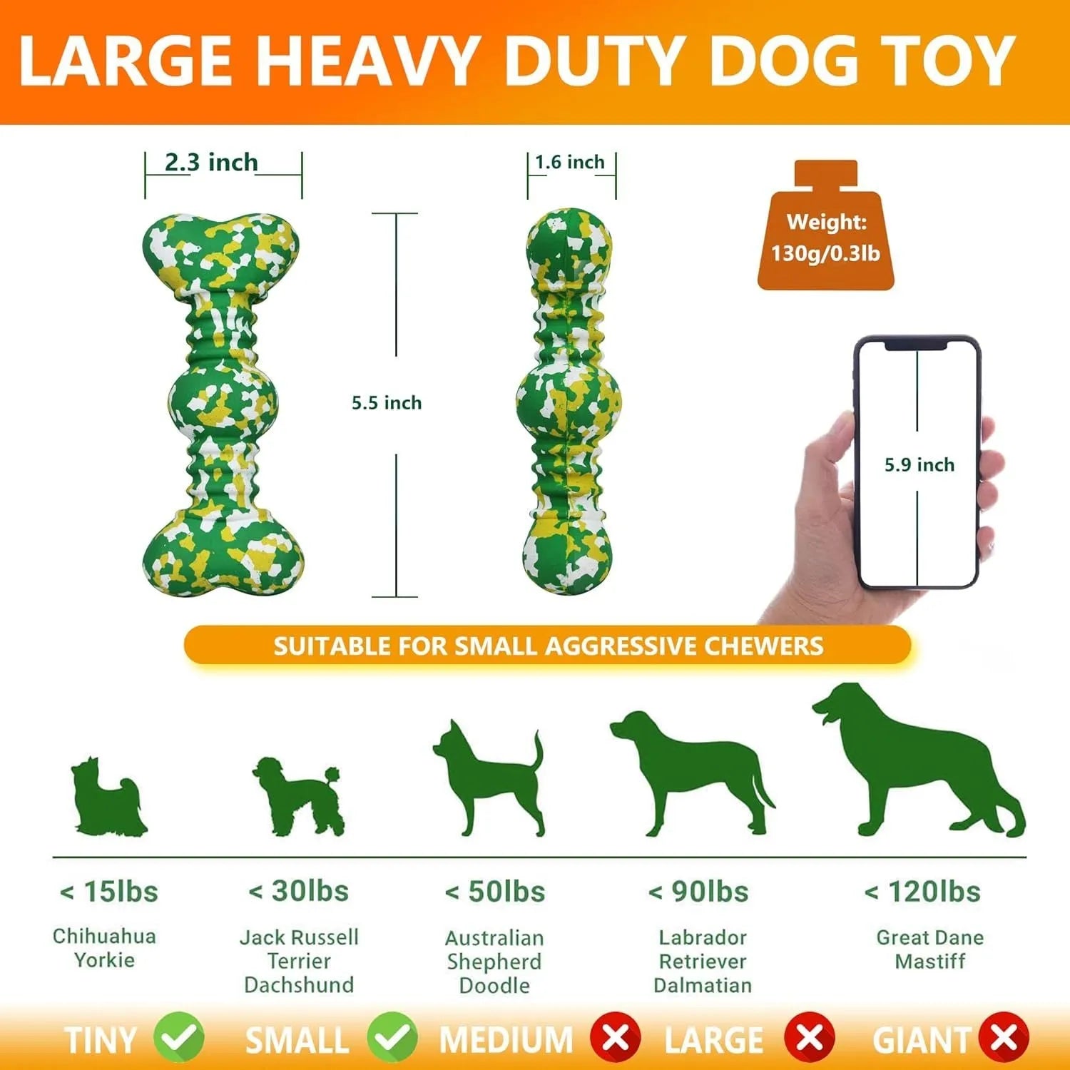 Green and white camouflage pattern natural rubber dog chew toy for large dogs on a wooden floor.
