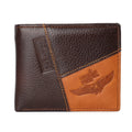 Men's soft cowhide leather trifold wallet open showing card slots, bill section, and zip compartment.