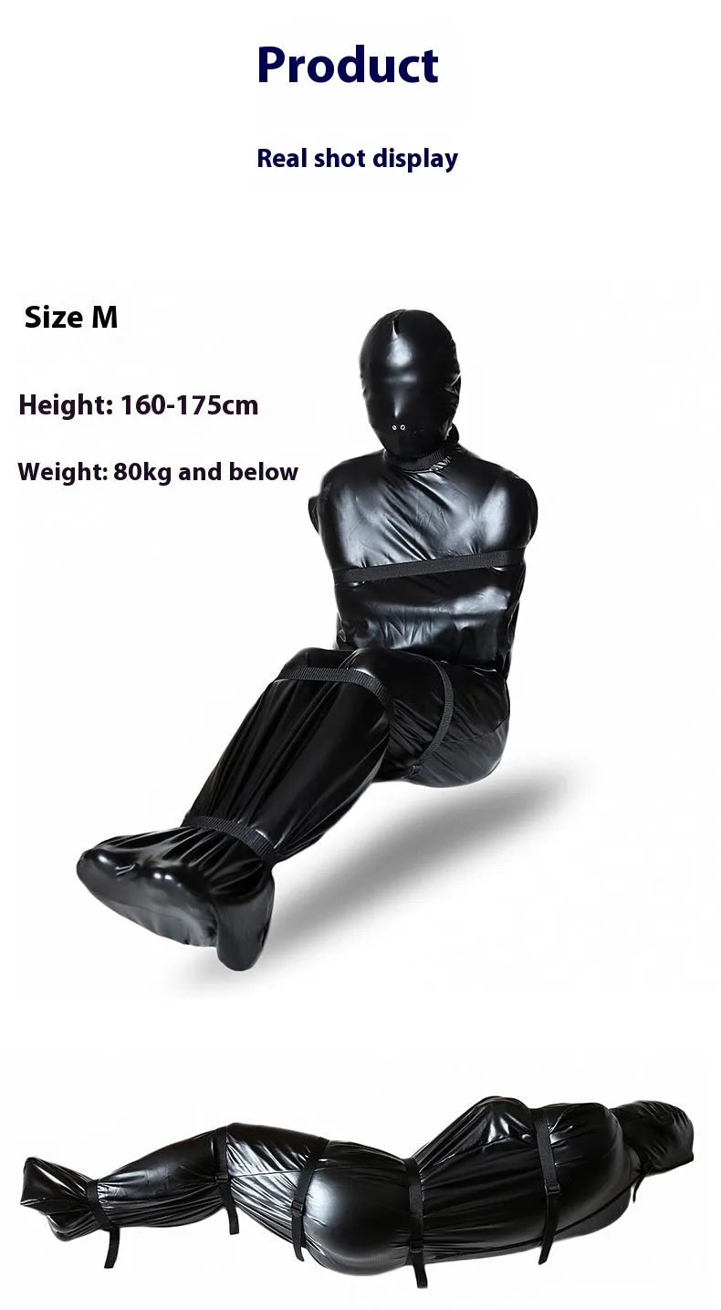 Black patent leather bondage set with leak nostril clothing and six ratchet tie down straps