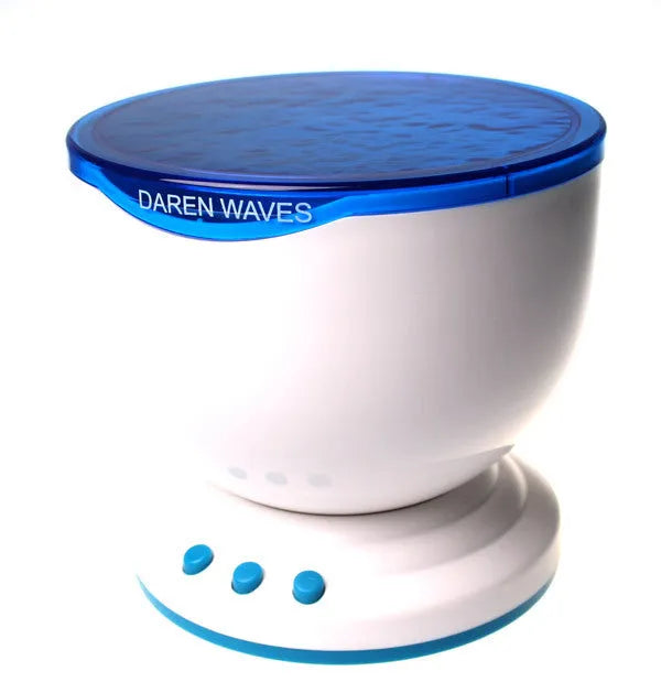 Blue ocean LED projection lamp showing aquatic scene projection on wall with DLP trapezoidal correction technology