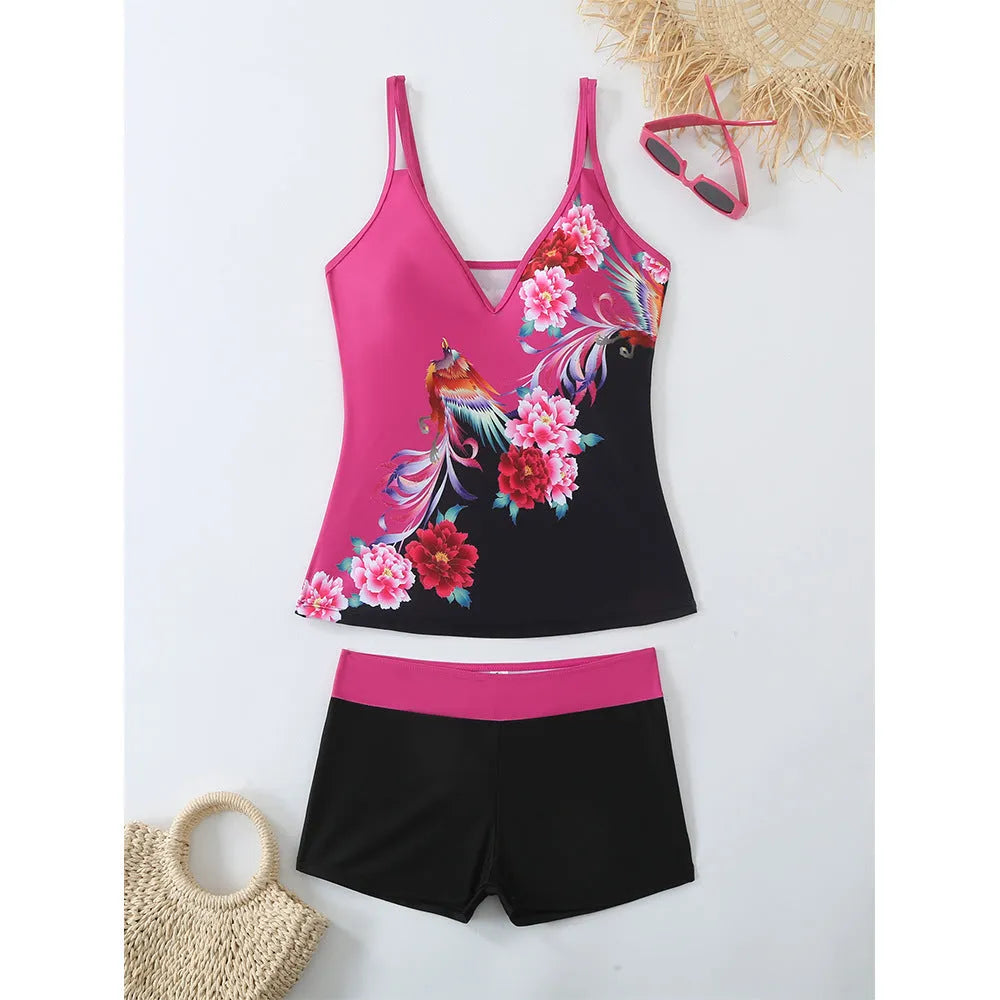 Plus size women's swim briefs in black or rose red printed pattern with cotton lining.
