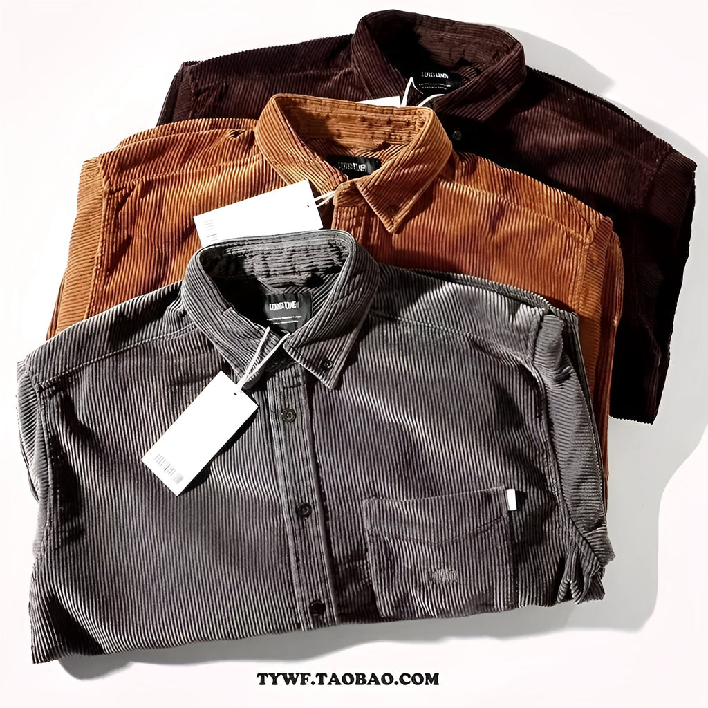 Loose fit corduroy long sleeve shirt in caramel colour with cardigan style design