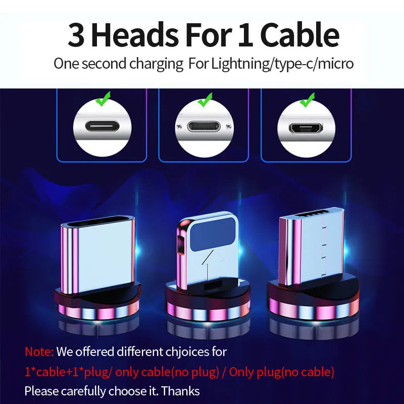 Black magnetic charging cable with three detachable magnetic heads for iPhone, USB-C, and Micro-USB connectors.