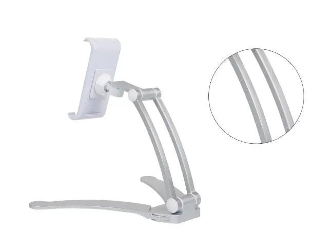 Silver aluminum alloy desktop stand holding a tablet at an adjustable angle.