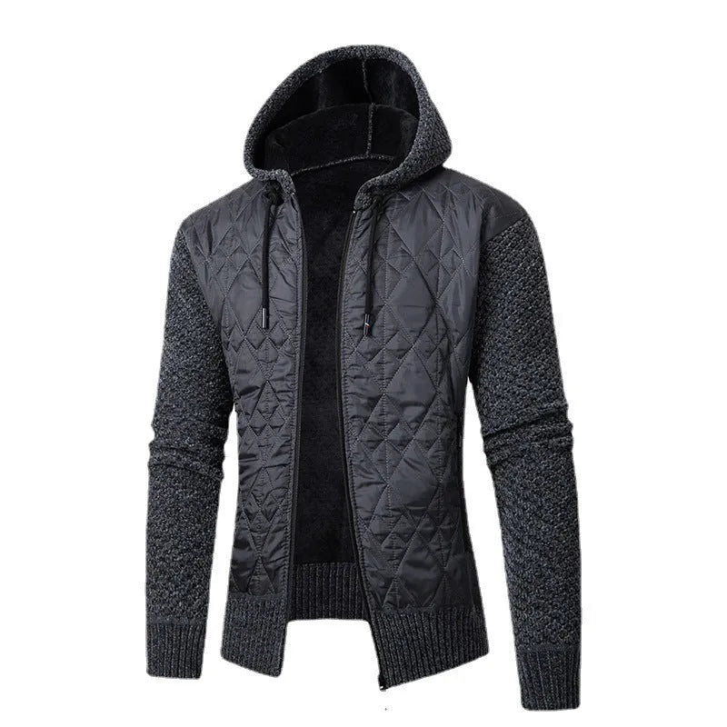 Men's grey hooded corduroy sweater coat with cardigan style and cinched waist