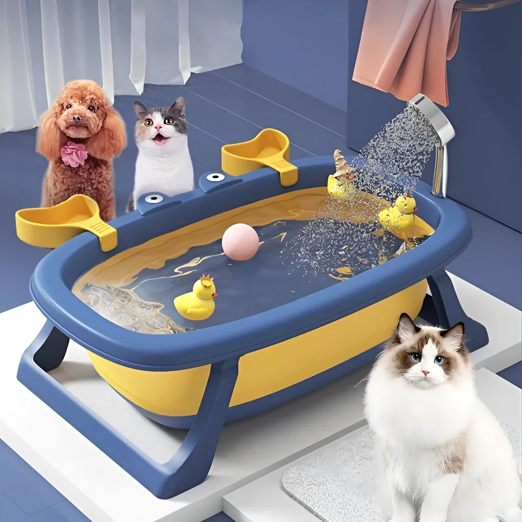 A blue foldable PVC pet bath tub for small dogs and cats.