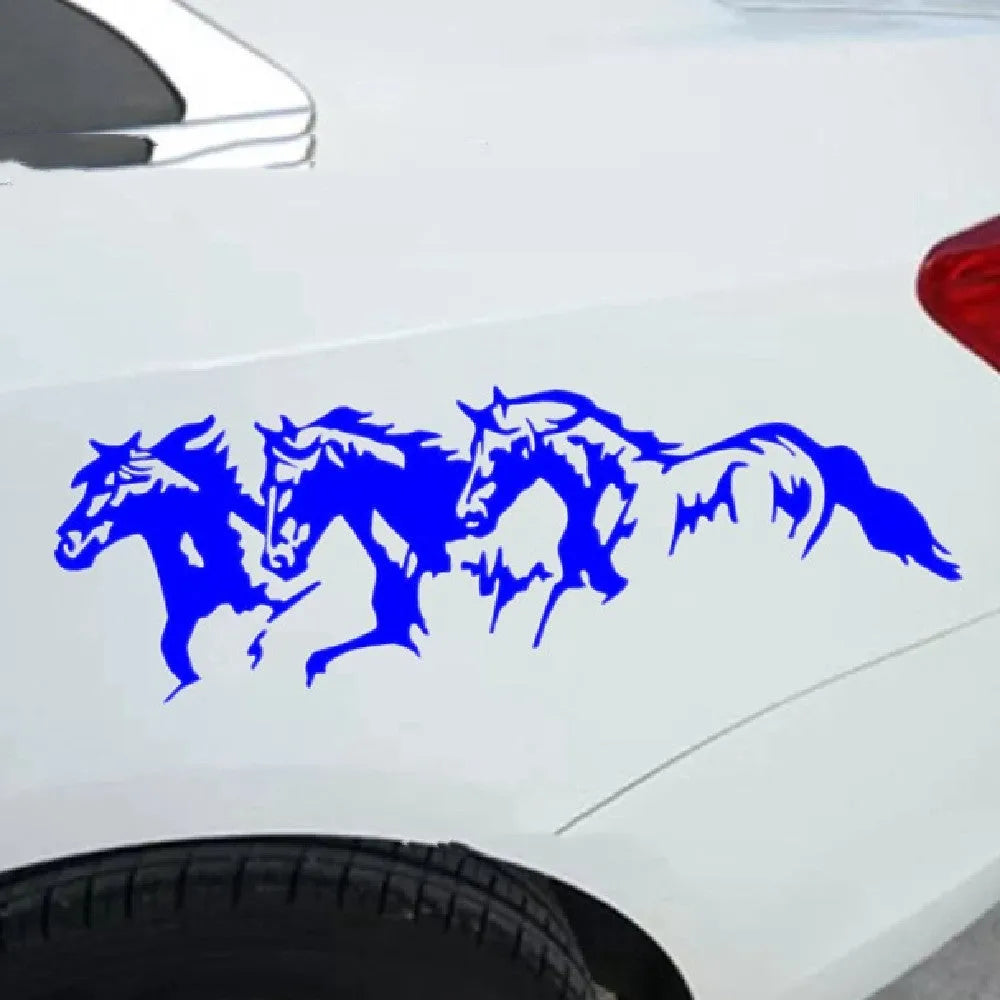 25cm by 8cm three horse auto decal vinyl sticker in black, white, red, and blue colour options
