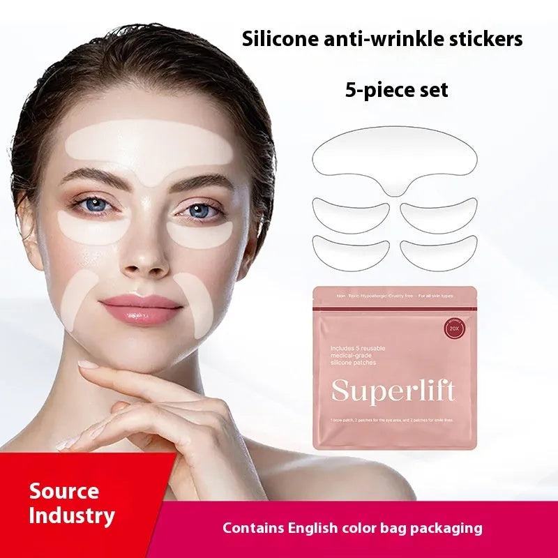 Five silicone anti-wrinkle face stickers for forehead, eyebrows, and under-eye areas