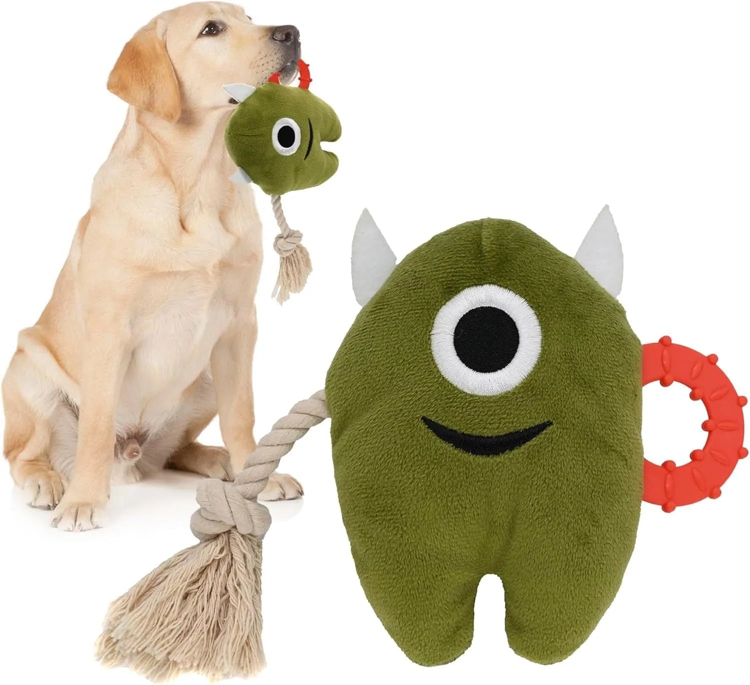 Blue and green plush dog toys with integrated cotton rope and squeaker for chewing and tugging play