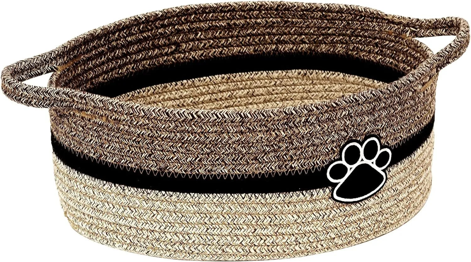 Small light beige handwoven cotton rope storage basket with wooden elements and handle