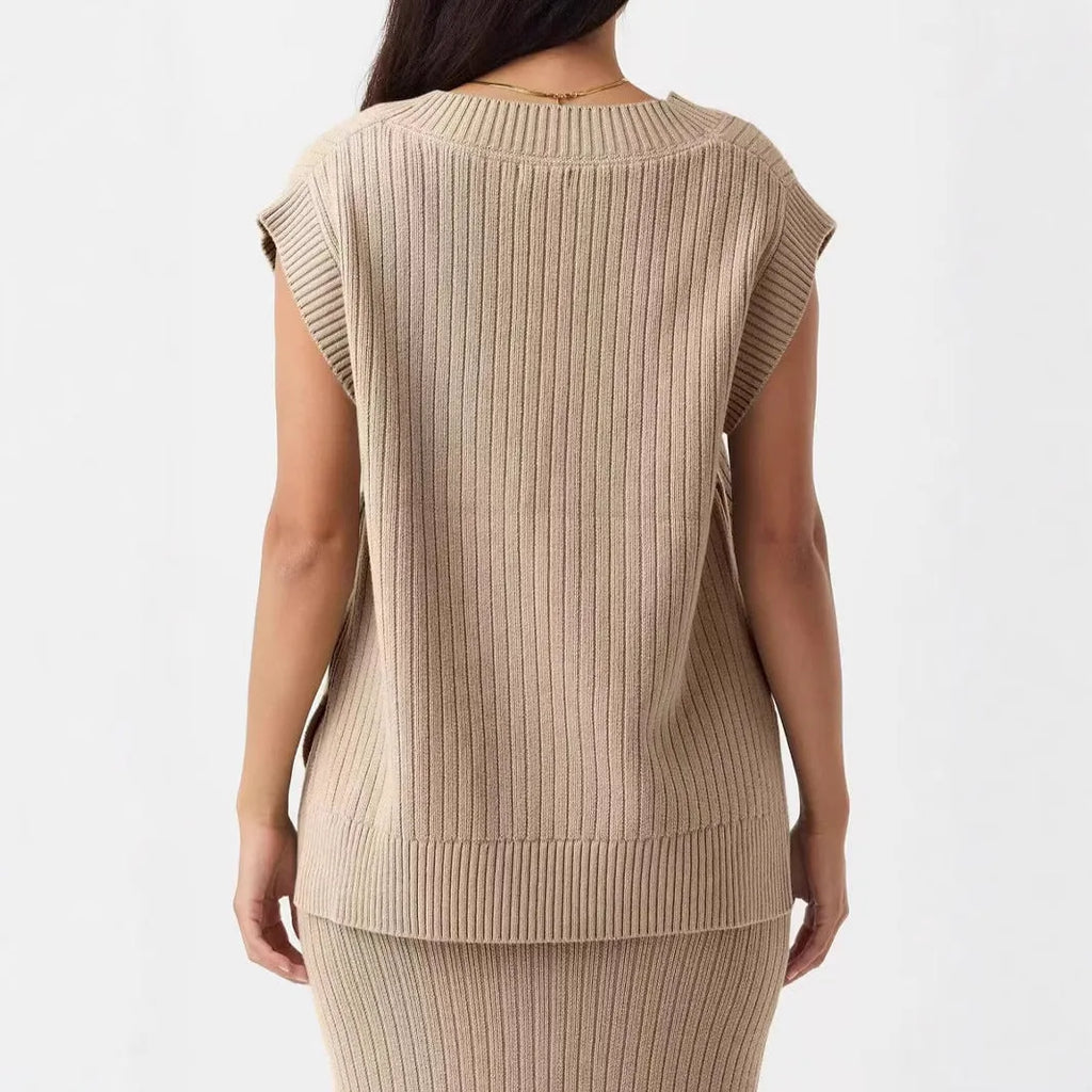 Women's camel and white V-neck sleeveless pullover vest in loose casual fit