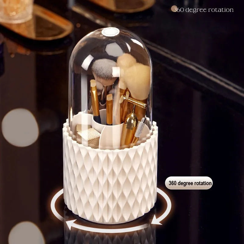 White acrylic rotating makeup brush storage box with transparent dust cover open