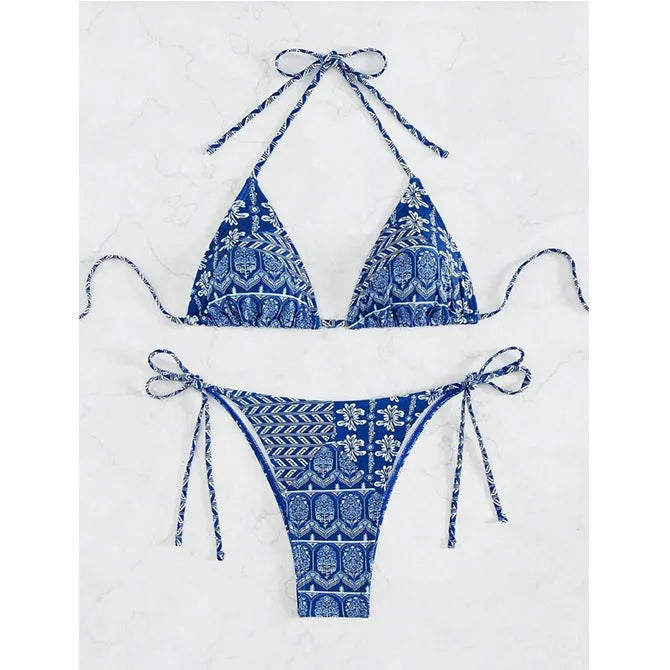 Women's green split bikini swimsuit with bandage stitching detail and polyester construction