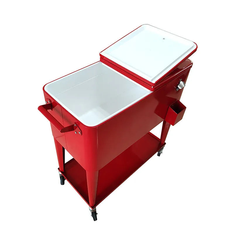 Red iron insulated trolley cooler with wheels for outdoor events and picnics