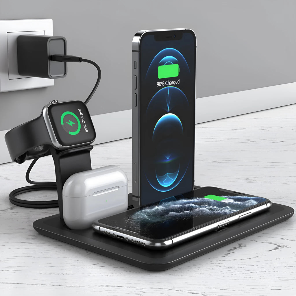 Wireless charging station for phone, watch and headphones on desktop in black finish