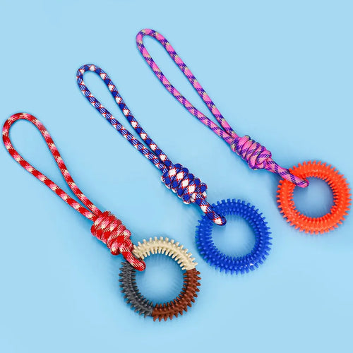 Blue, red, and rose red braided rope dog chew toy with knot design measuring 43cm long