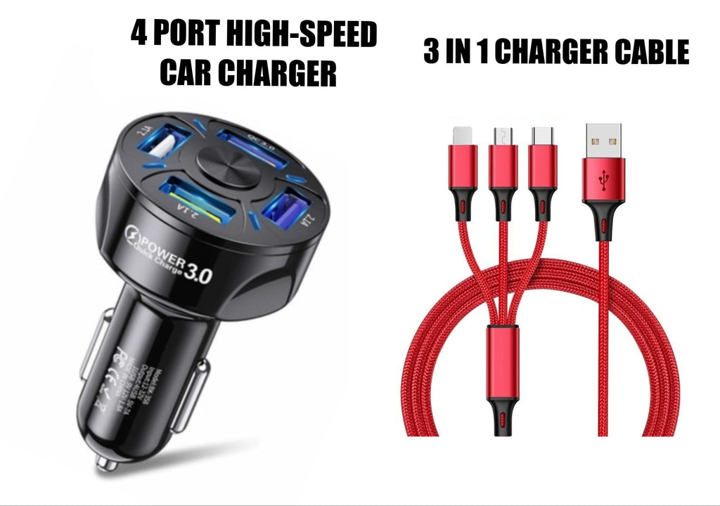 4-port USB car charger QC 3.0 fast charge black ABS material 3.8x3.8x7 cm