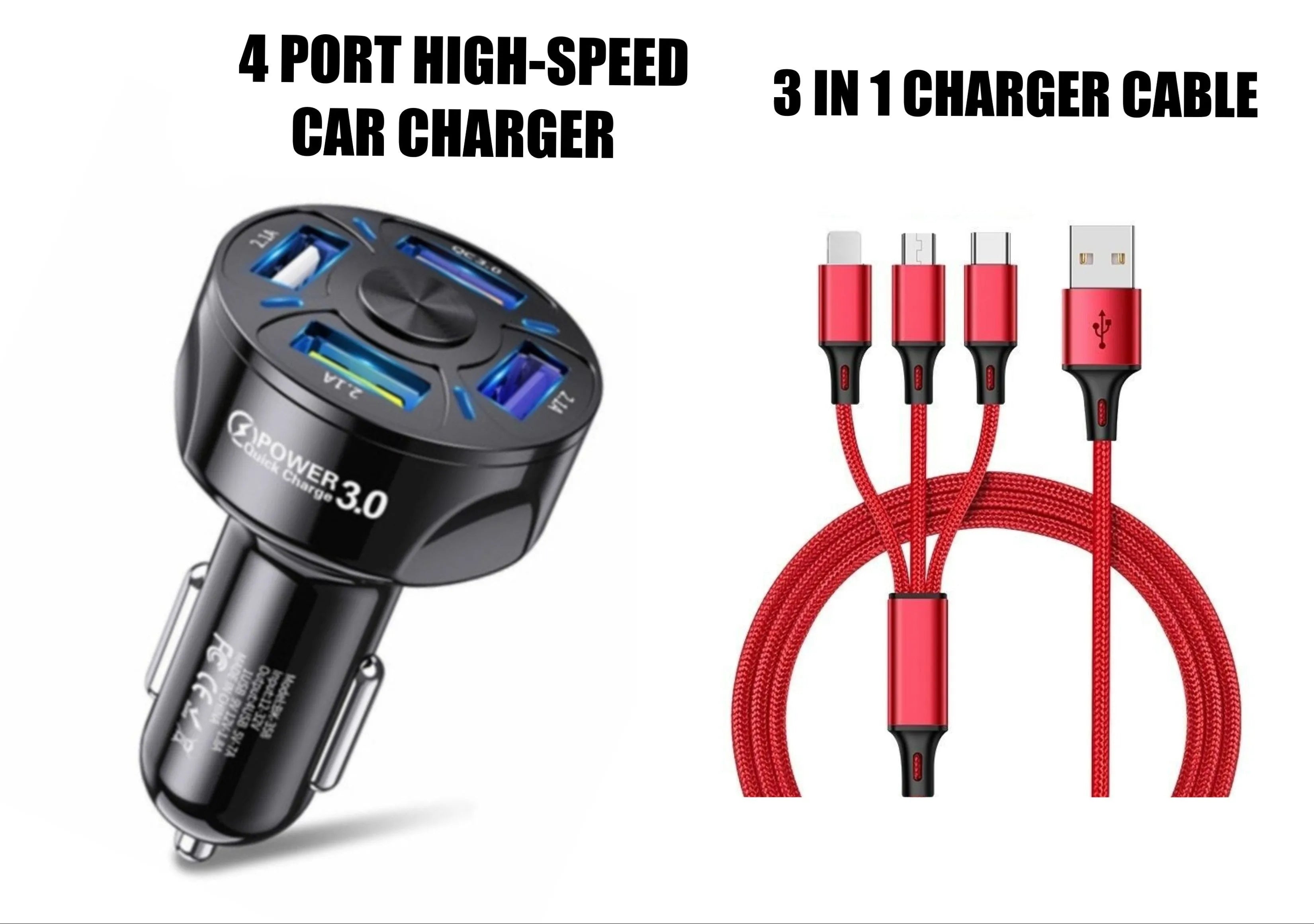 4-port USB car charger QC 3.0 fast charge black ABS material 3.8x3.8x7 cm