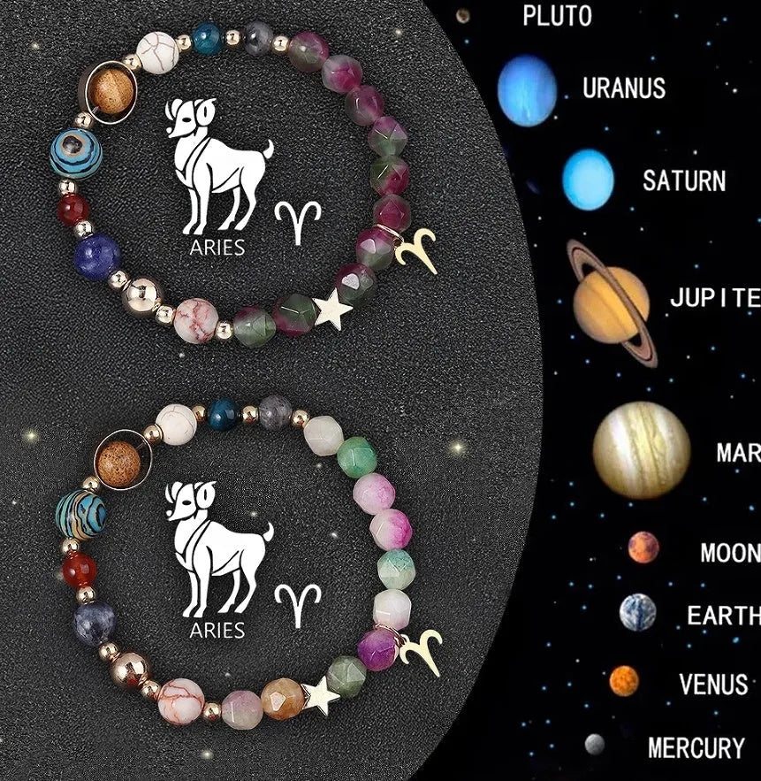 Set of twelve natural stone beaded bracelets, each representing a different zodiac sign.