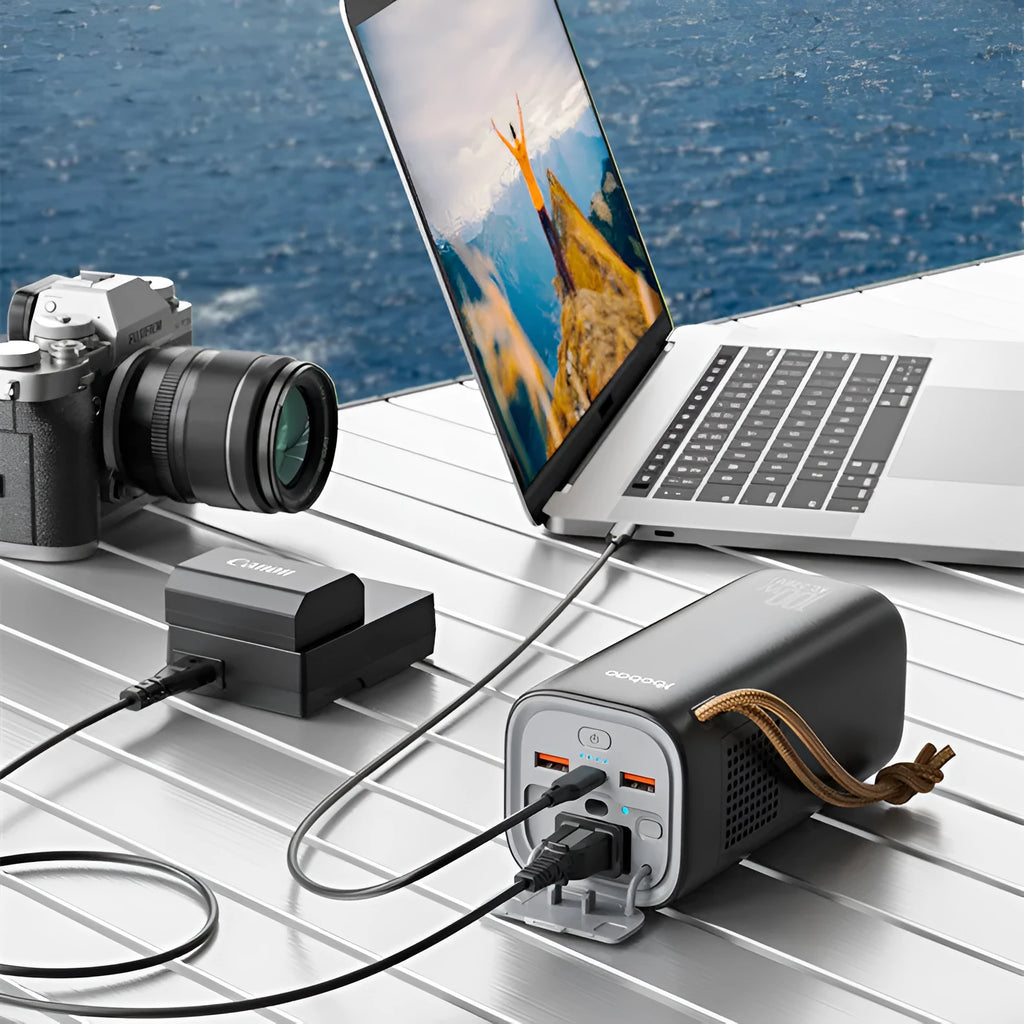 Black portable power bank with solar panel, showing dimensions of 70mm by 70mm by 162mm.