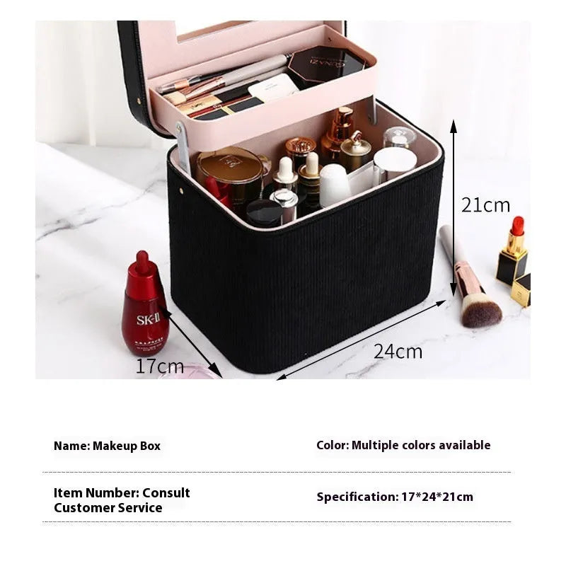 Corduroy cosmetic storage box with large capacity, shown in a solid colour with textured fabric exterior.