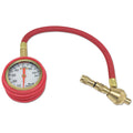 Red and black mechanical tyre pressure gauge with analogue dial and deflation button for cars and SUVs.