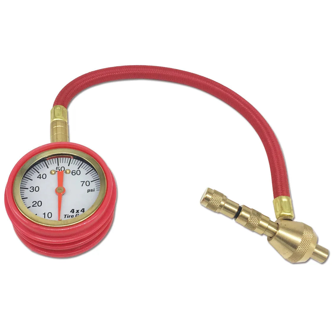 Red and black mechanical tyre pressure gauge with analogue dial and deflation button for cars and SUVs.