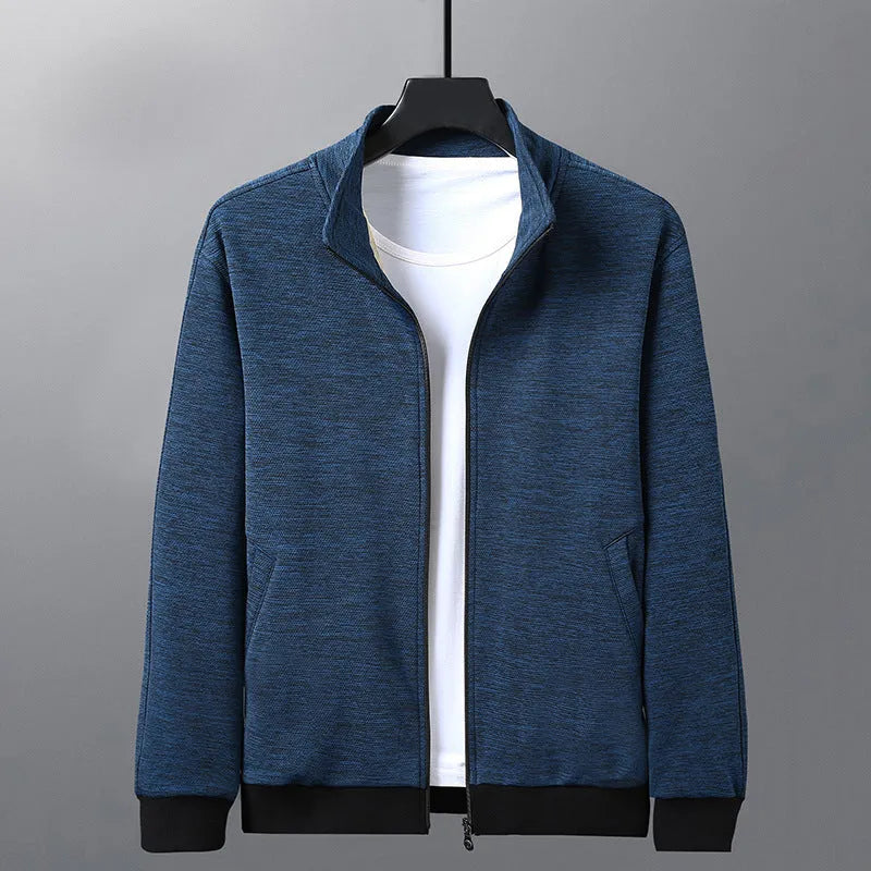 Men's black blended casual jacket with a stand-up collar and zipper front.