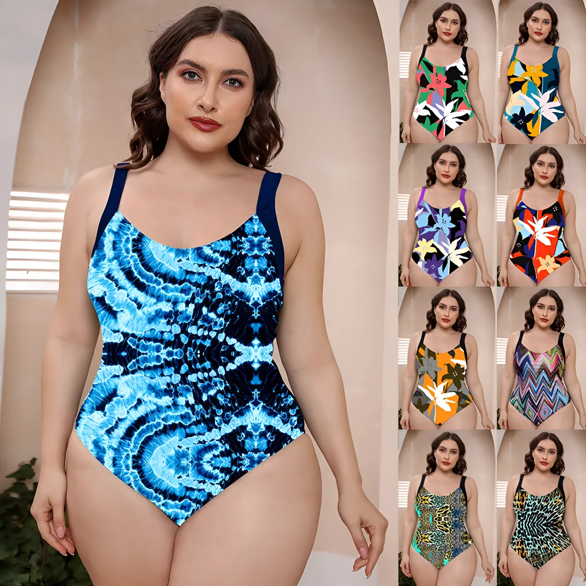 Women's vest style one-piece floral print swimsuit with spaghetti straps on a mannequin.