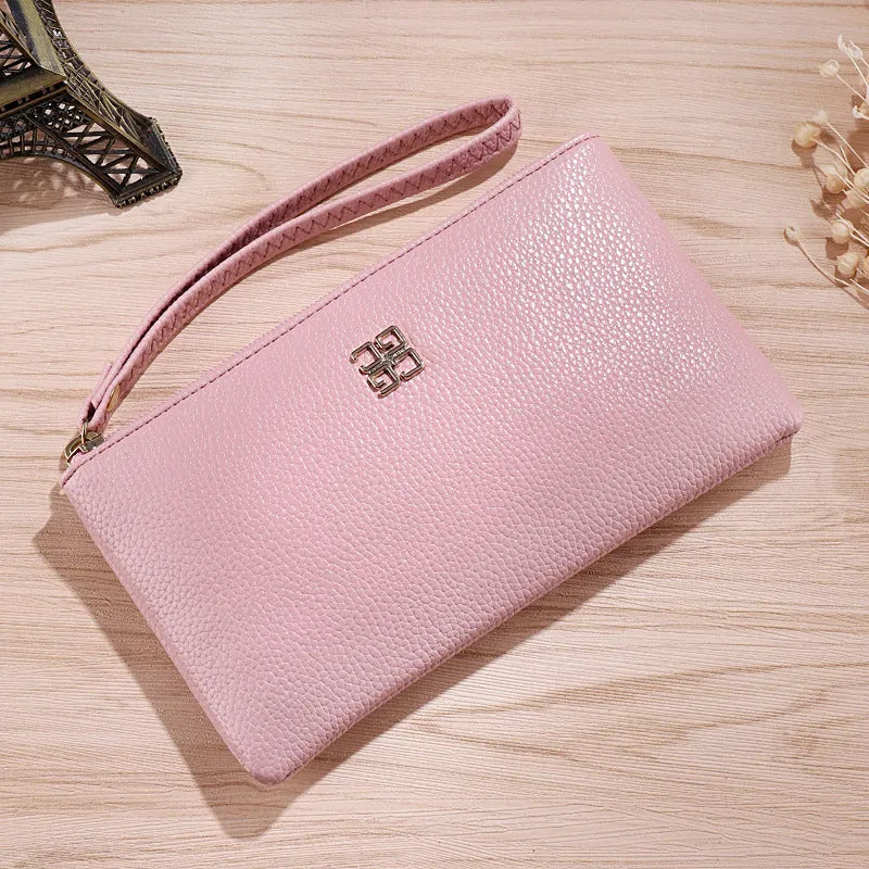 Long black PU leather phone wallet handbag with a zipper and sewing line detailing