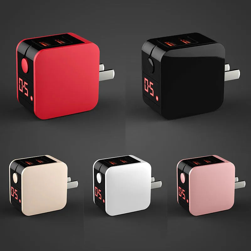Black 5V2A fast travel charger with dual USB ports and a digital display, shown with a UK plug.