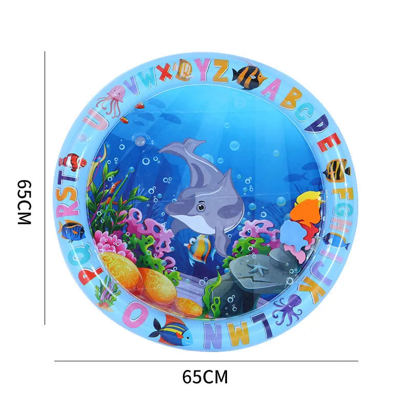 Large square blue water sensory playmat for cats on a floor, showing floating fish toys inside.