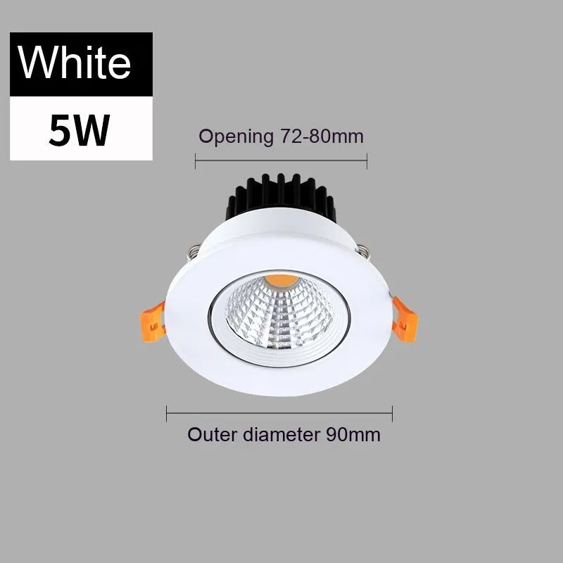 Modern white aluminium recessed LED ceiling spotlight with anti-glare design for embedded installation.