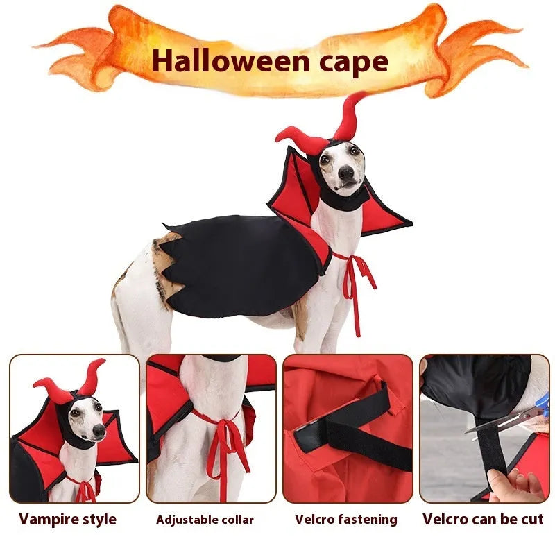 Black polyester vampire cloak and hat costume for a small dog or cat on Halloween.