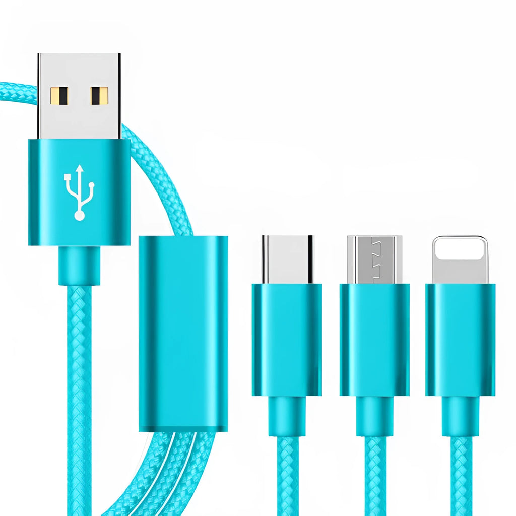 Three-in-one mobile phone charging cable with 1.2m length in multiple colour options