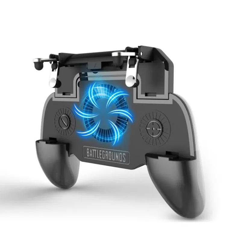 Black USB mobile game controller for smartphones with aluminium alloy accents on a grey background.