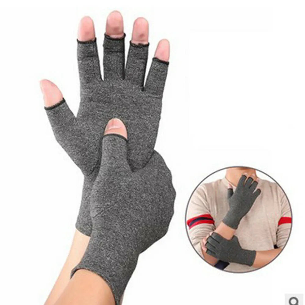 Grey half-finger joint compression gloves made from polyester and spandex fabric, shown on a hand.