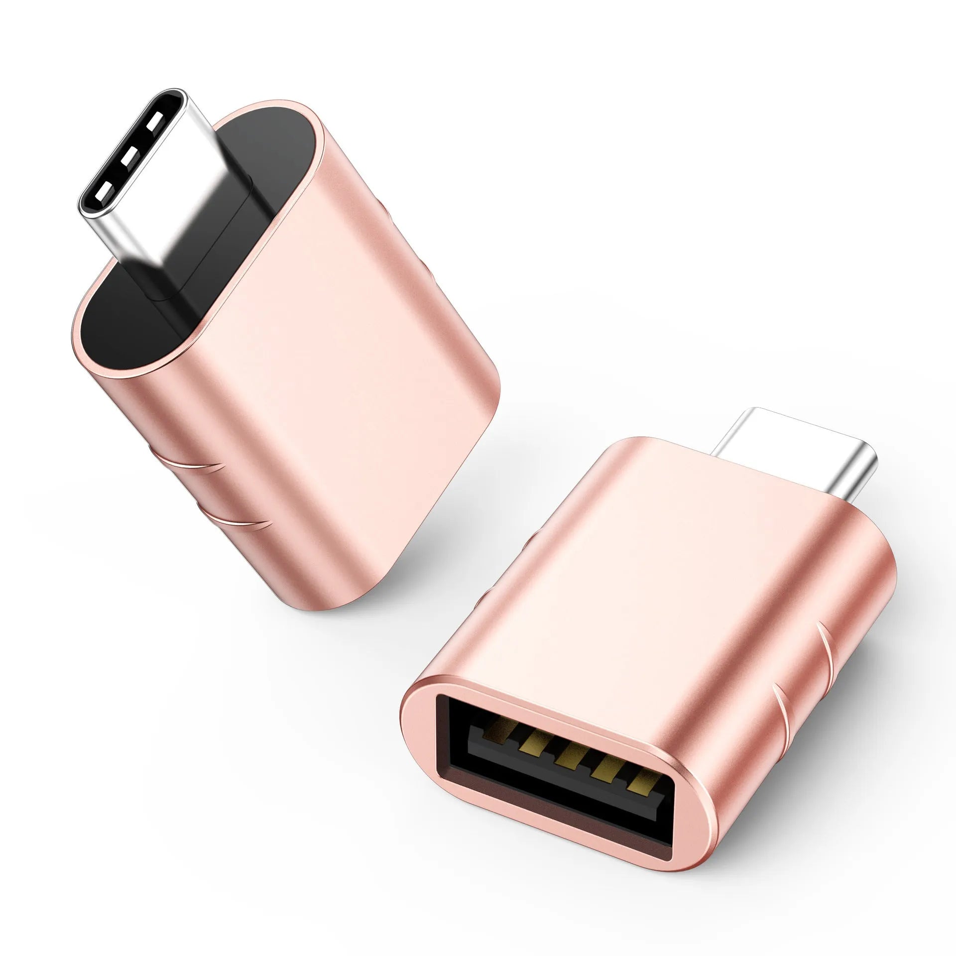 USB converter adapter with zinc alloy shell in various colours including silver, gold, and pink.