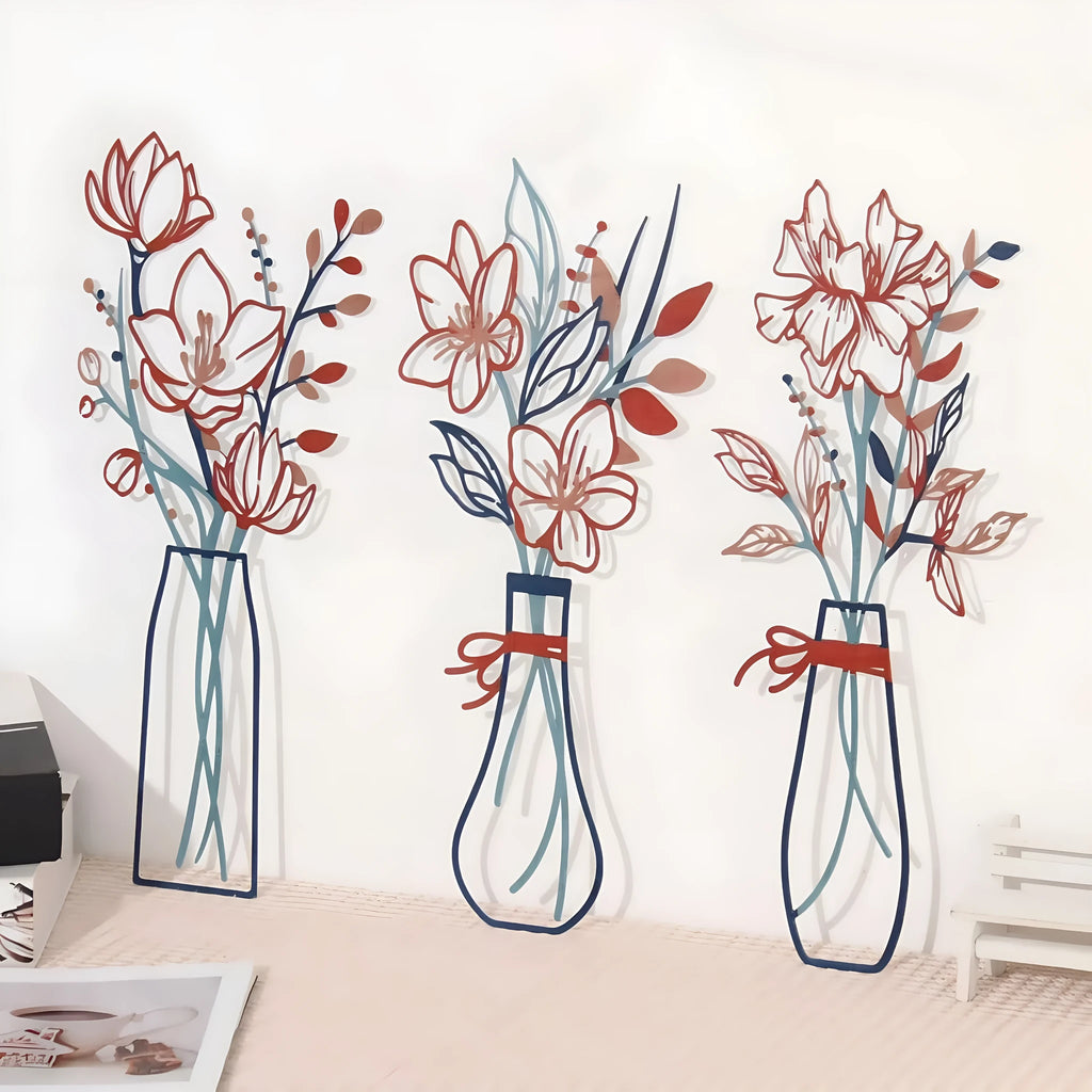 Three metal flower wall art pieces with colour vase designs for farmhouse bathroom decoration