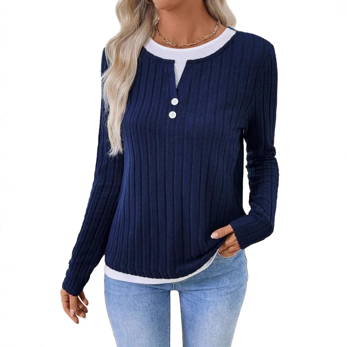 Women's grey fake two-piece striped pullover sweater with round neck and button detail.