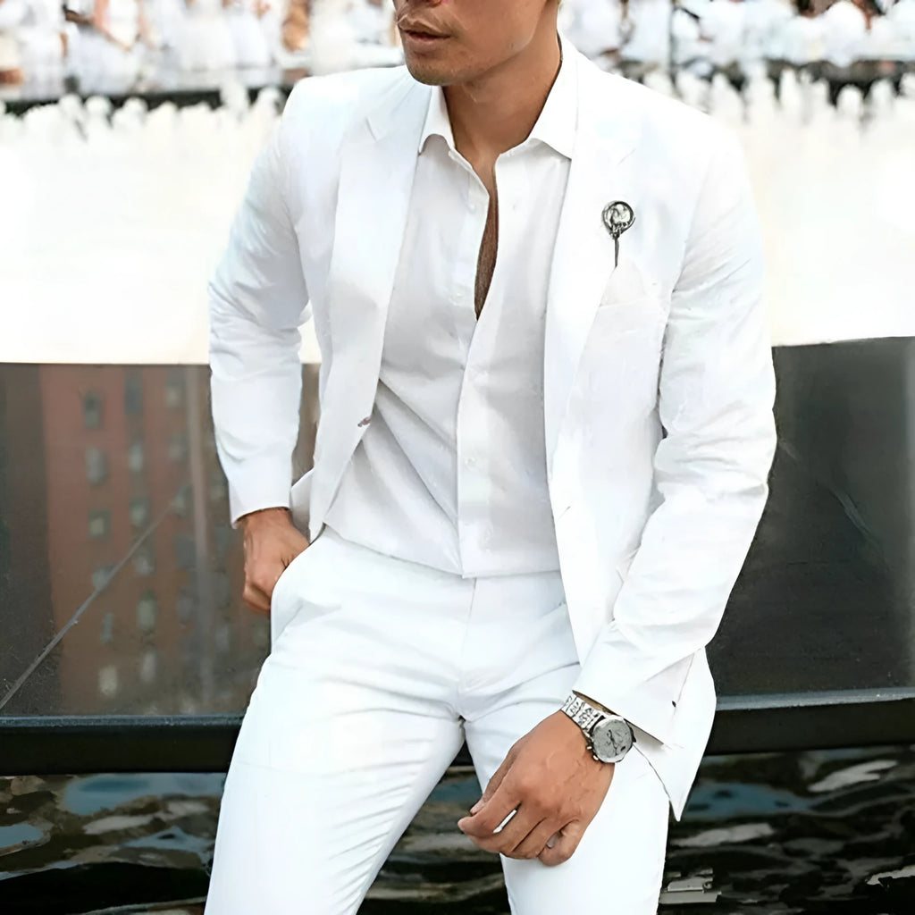 Men's white slim fit two-piece wedding suit set with extended sizing options up to 5XL